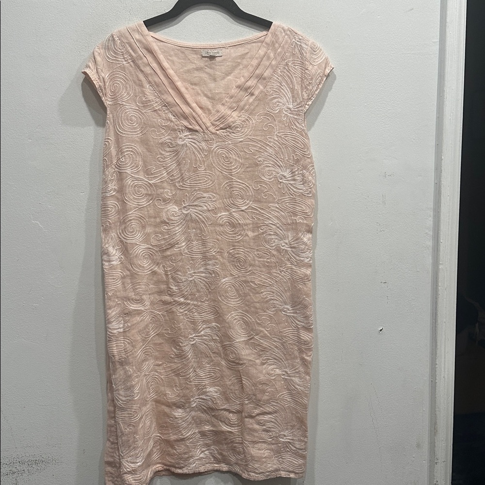 LINA TOMEI light pink Linen embroidered dress size large cottage core